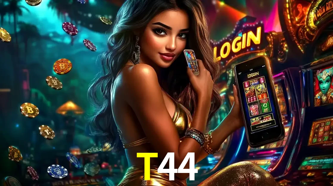 Mulher em um cenário de cassino temático de aventura, mostrando o app de caça-níqueis da T44 no celular. Fichas de apostas flutuam ao redor.