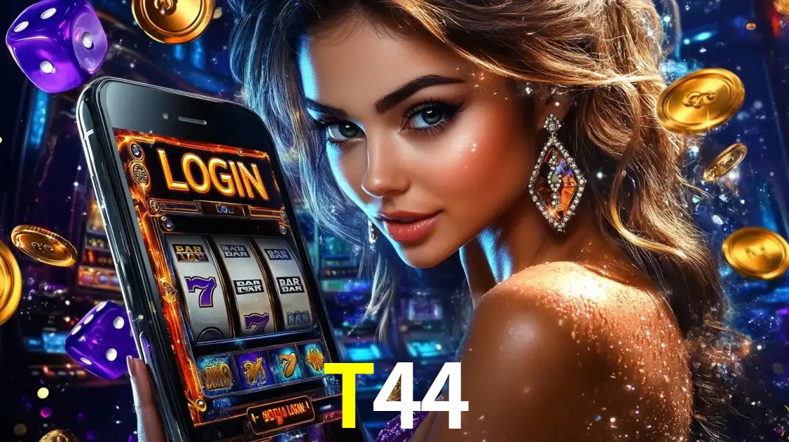 Mulher glamorosa segurando um smartphone com a tela de login para os jogos de caça-níqueis do cassino online T44, com moedas de ouro e dados ao redor.