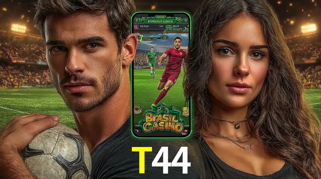 Homem segurando uma bola de futebol e uma mulher ao lado de um smartphone exibindo o jogo de apostas esportivas da T44. Faça seu palpite no cassino online.