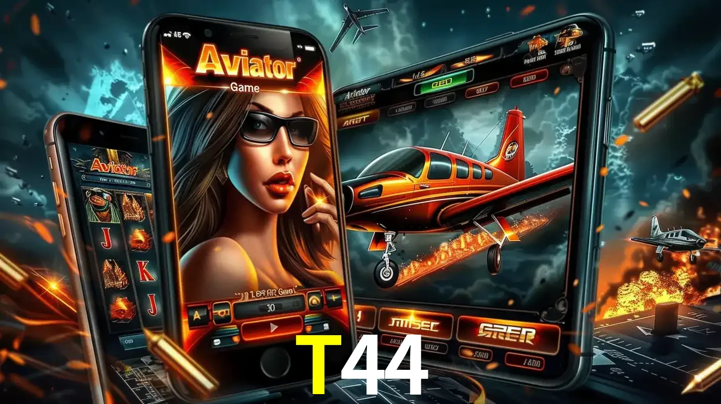 O popular jogo de apostas Aviator exibido em vários celulares e tablets, mostrando a interface emocionante e a ação de voo disponíveis para jogar agora no T44.
