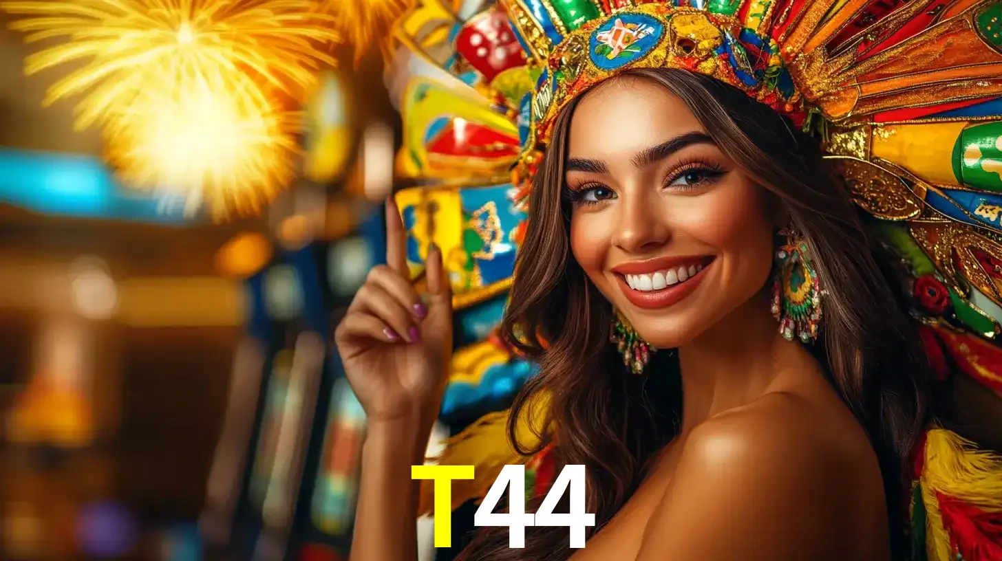 Mulher sorridente com um cocar de carnaval vibrante e colorido, celebrando uma grande vitória nos jogos do cassino T44 com fogos de artifício ao fundo.