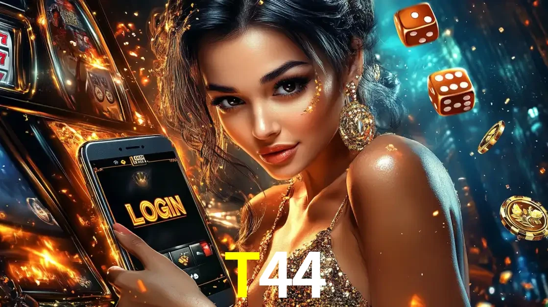 Mulher glamourosa segurando um celular com a tela de login do cassino T44, rodeada por dados e moedas douradas, pronta para começar a diversão.