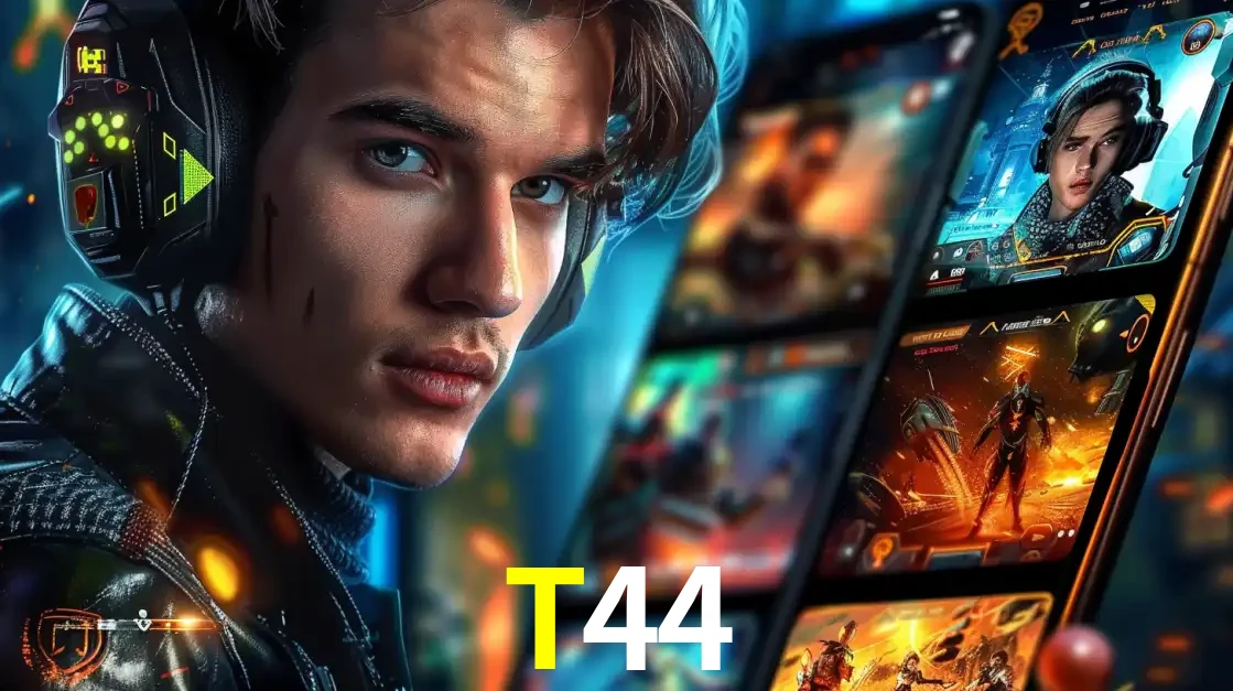 Jovem jogador com fones de ouvido olhando para a câmera, com um aplicativo de jogos e e-sports para celular ao fundo, pronto para a competição e apostas no T44.