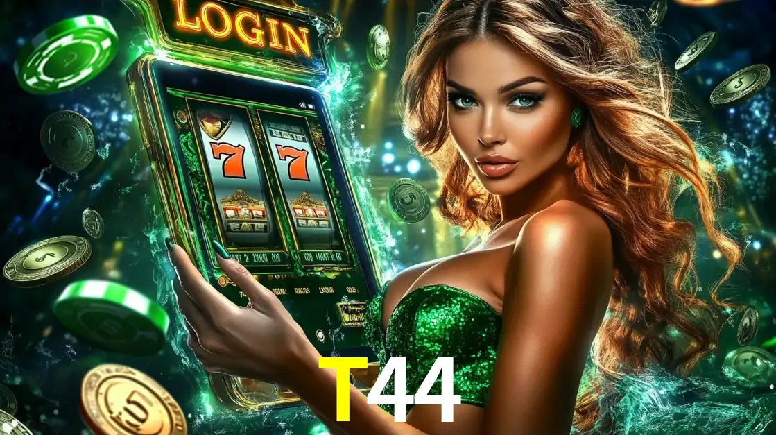Mulher com tema verde apresentando o aplicativo do cassino T44 com um jogo de slot de 777, cercada por fichas de cassino e uma aura de sorte.