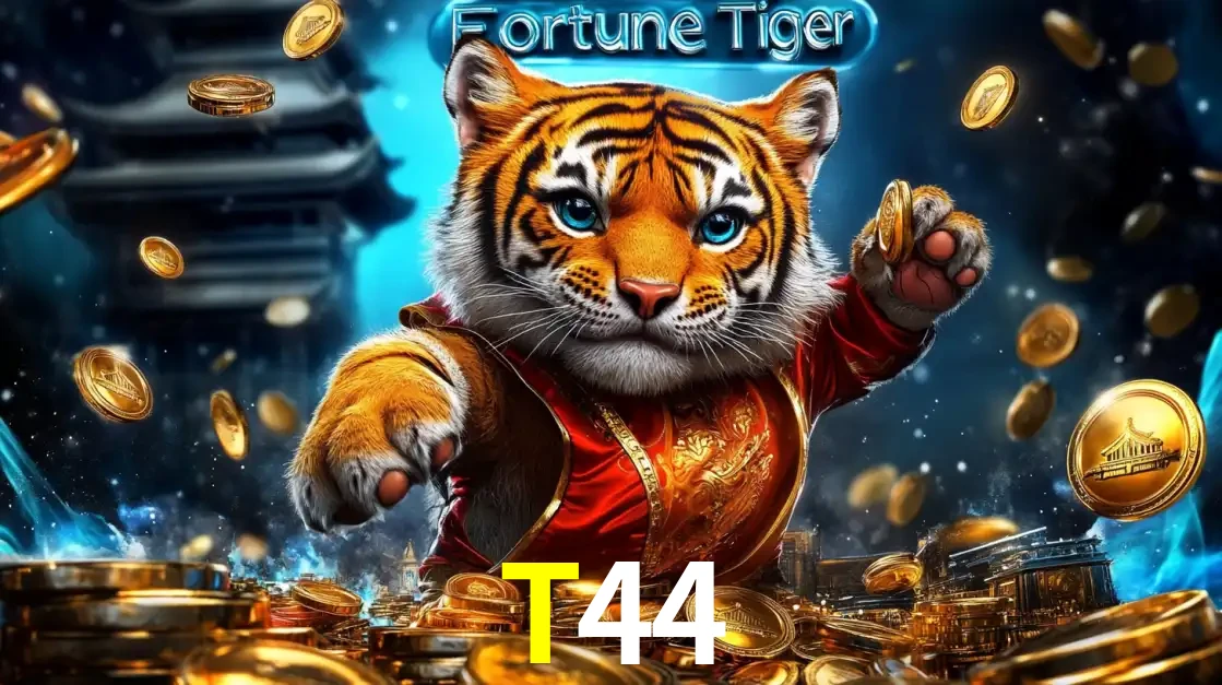 Imagem promocional do jogo de slot Fortune Tiger, com um tigre majestoso em traje tradicional cercado por uma fortuna em moedas de ouro, disponível agora no cassino T44.