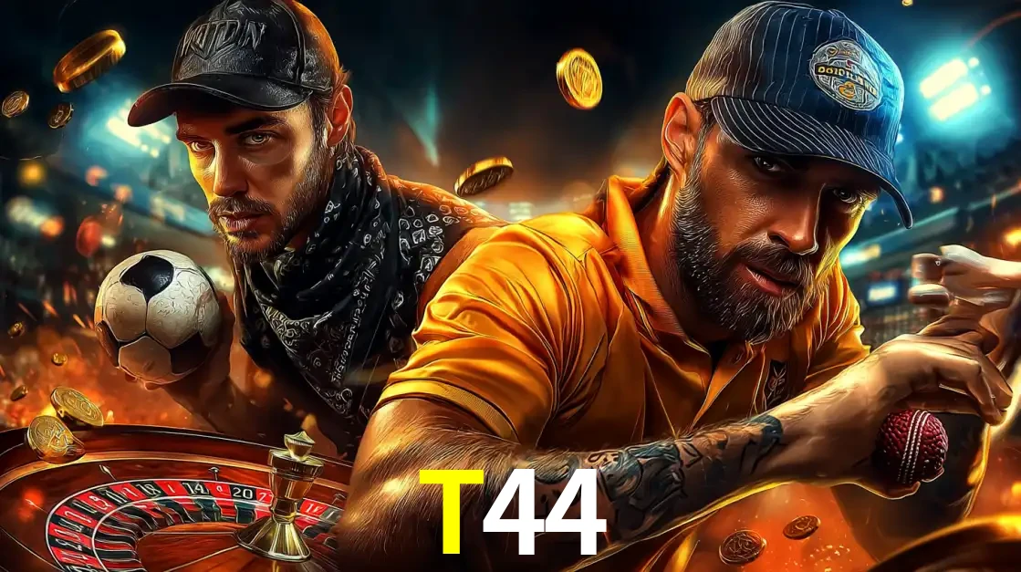 Montagem de apostas esportivas e cassino no T44, com um homem segurando uma bola de futebol e outro uma de beisebol sobre uma roleta e moedas voadoras.