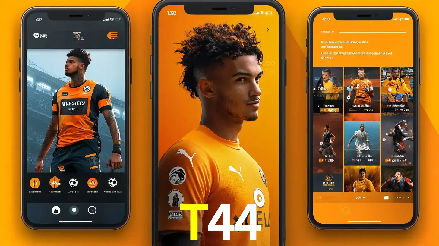 Interface do aplicativo de apostas esportivas T44 em três telas de celular, mostrando o perfil de um jogador de futebol e a lista de jogos disponíveis para apostar.