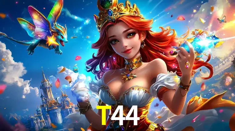 A princesa de um reino de fantasia mágico, com seu pequeno dragão, apresentando um mundo de prêmios encantados nos jogos de caça-níqueis do cassino T44.