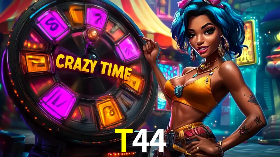 Mulher estilizada com cabelo azul e visual vibrante posando ao lado da roda de prêmios do game show Crazy Time, convidando para a diversão e os bônus do cassino T44.