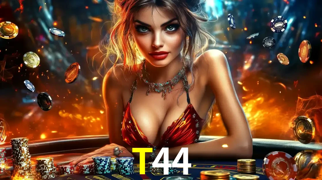 Mulher em uma mesa de cassino com pilhas de fichas e um fundo de fogo, pronta para uma rodada de altas apostas nos jogos de mesa emocionantes do cassino T44.