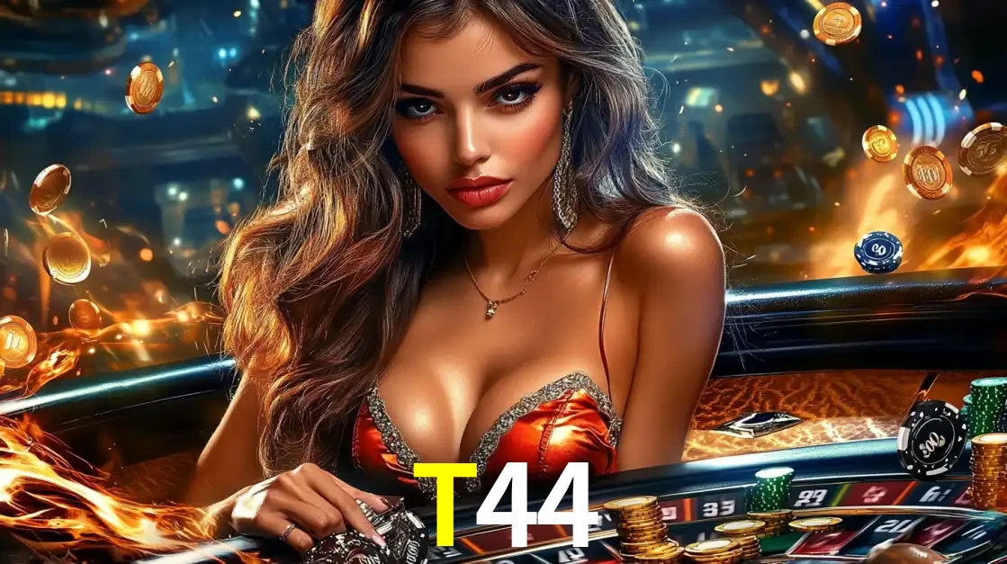 Mulher glamourosa em uma mesa de roleta com um fundo de chamas e moedas voadoras, pronta para fazer sua aposta e ganhar grandes prêmios no cassino ao vivo T44.