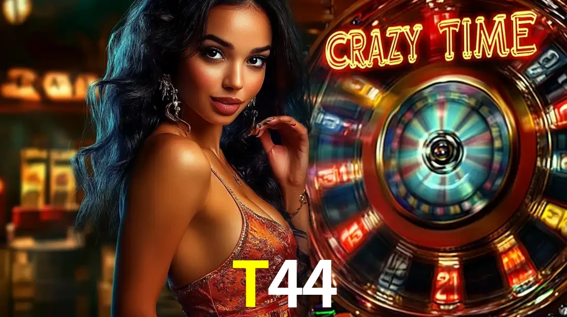 Mulher elegante ao lado da vibrante roda da fortuna do jogo de cassino ao vivo Crazy Time, um dos game shows mais populares e cheios de prêmios do T44.