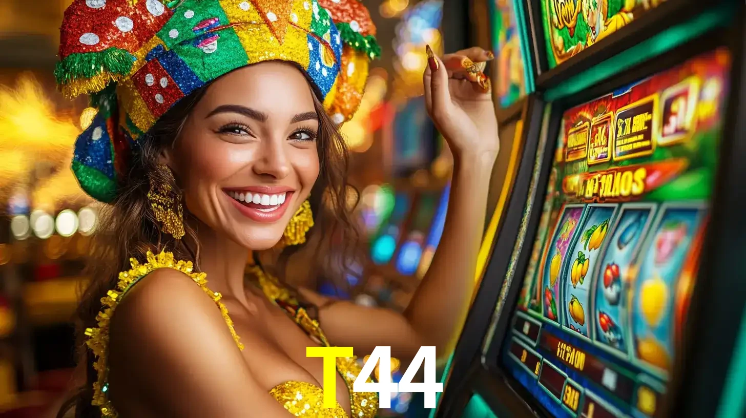 Mulher feliz com traje de carnaval amarelo e colorido ao lado de uma máquina de caça-níqueis, aproveitando a diversão e os jogos temáticos do cassino T44.