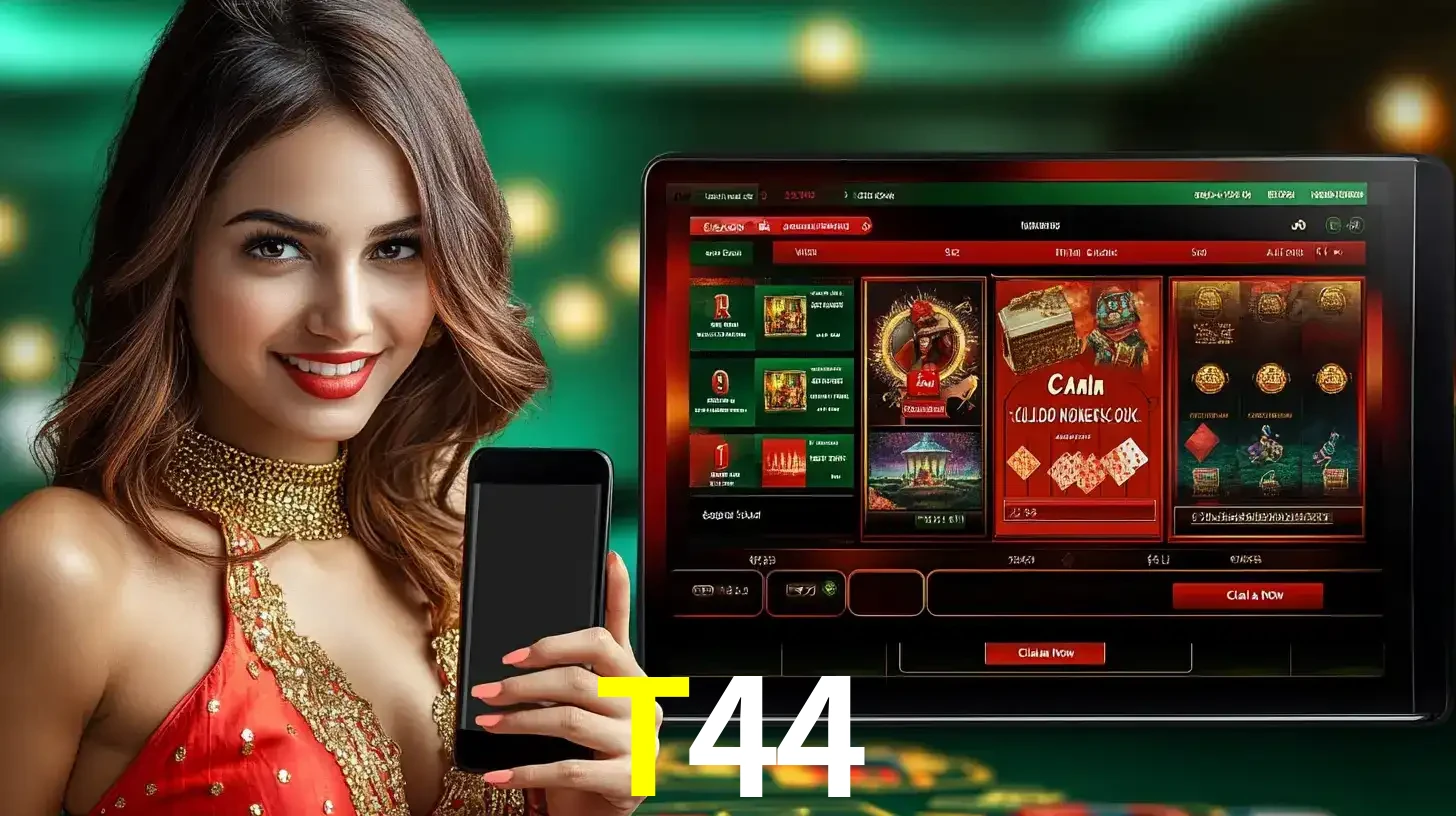 Mulher sorridente segurando um smartphone, ao lado de uma tela exibindo o lobby de jogos do cassino online T44, com várias opções de jogos de cartas e slots.